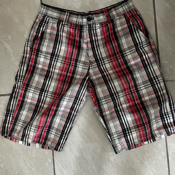 Men's Plaid Flat Front Shorts - Red, Black, and White - Picture 1 of 5